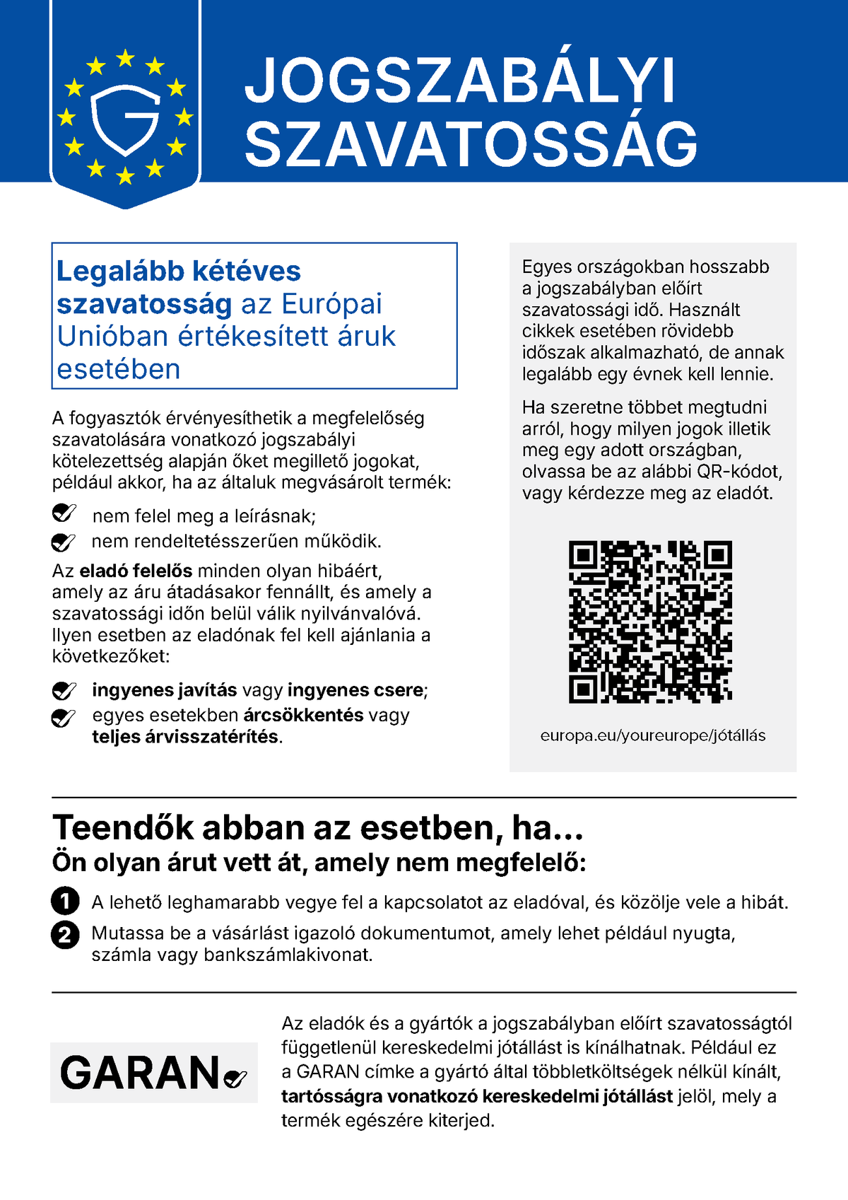 Tájékoztatás a kellékszavatosságról